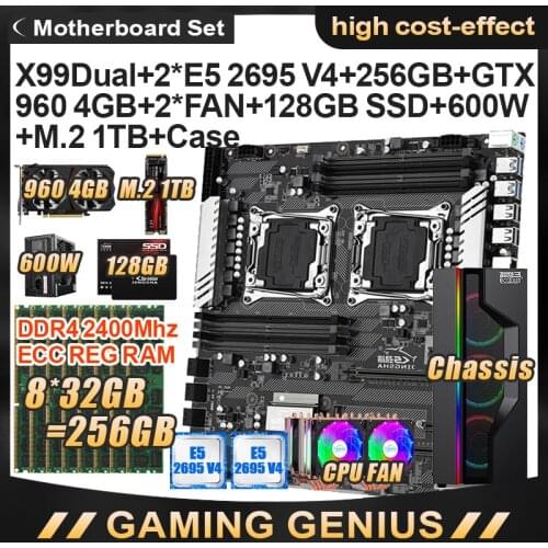 X99 Dual CPU Motherboard Set with E5 2695V4 CPU 8*32GB=265GB DDR4 ECC REG 2400MHZ 2pcs light 2 CPU Fan GTX 960 4G Graphics