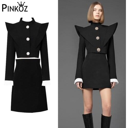 Pinkoz runway designer black elegant two pieces set short patchwork pleated sleeve tops jacket +knee length skrit lady chic suit