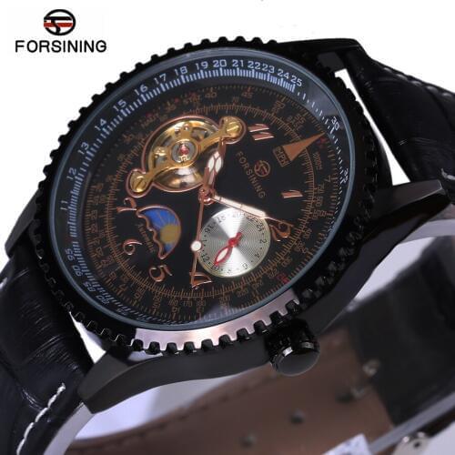 2018 New Fashion Automatic Stylish Classic Black Dial Skeleton Tourbillon Wristwatch Men Male Forsining Brand Mechanical Watch