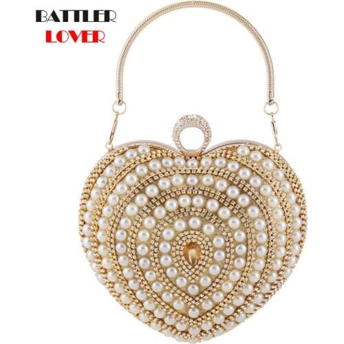 New Pearl Diamond Handbags For Women 2021 Luxury Brand Party Bags Female Heart Shapes Clutch Ladies Classic Evening Minaudiere