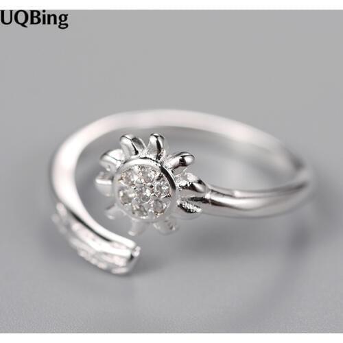 925 Sterling Silver Rhinestone Sunflower Open Ring Jewelry Christmas Gift Women Jewelry Finger Rings