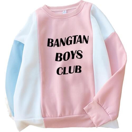 Korean Kpop Bangtan Boys Club Hoodies Sweatshirt Women Streetwear Casual Loose Spell Color Splicing Fleece Letter Print Pullover