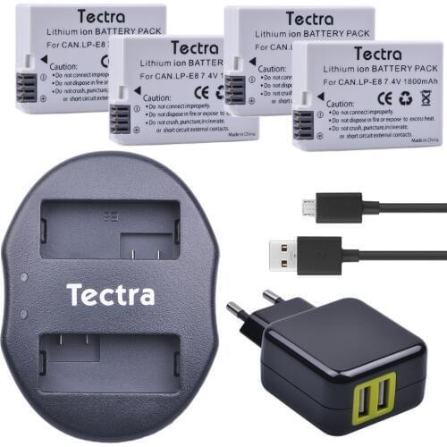 Tectra 4Pcs LP-E8 LPE8 LP E8 Li-ion Bateria +USB Dual Charger + AC Adapter for Canon EOS 550D 600D 650D 700D Rebel X4 X5 X6i X7