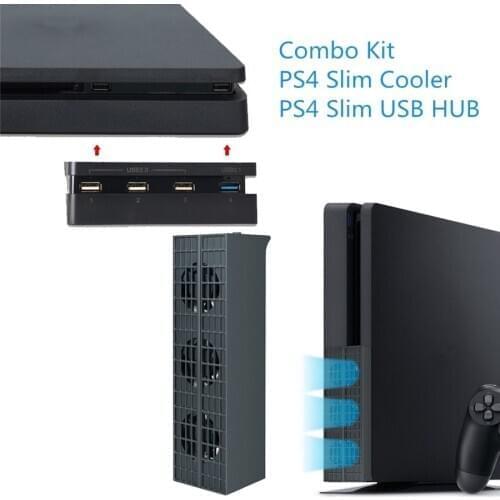 Turbo Cooler & USB Hub Combo Kit for PS4 Slim - Auto Temperature Controlled Cooling Fan and USB2.0/3.0 Expansion Adapter Charger
