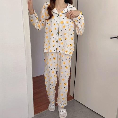 Yellow Floral Print Spring Pajamas Set Women Shirts + Trousers Set Two Piece Cotton Sleepwear Sweet Kawaii Korean Home Suit