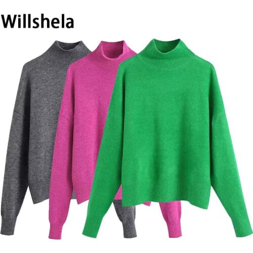Willshela Women Fashion Solid Knit Sweater Top Long Sleeves High Neck Vintage Female Knitted Sweaters Pullover Chic Tops