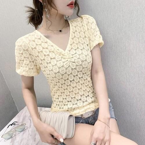 2021Summer Sexy V-neck Lace Women Short sleeve Slim Tshirt Tops Large size