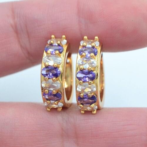 Gold Color Women Fashion White Purple Cubic Zirconia CZ Huggie Hoop Earrings Jewelry