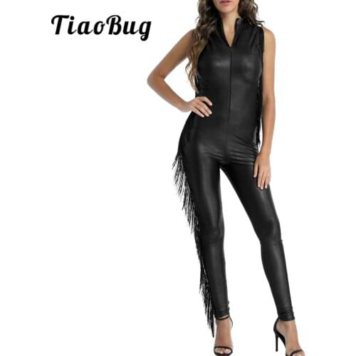 Womens Patent Leather Sleeveless Zipper Full Bodysuit Clubwear Black Sexy Tassel Stage Dance Bodysuit Catsuit