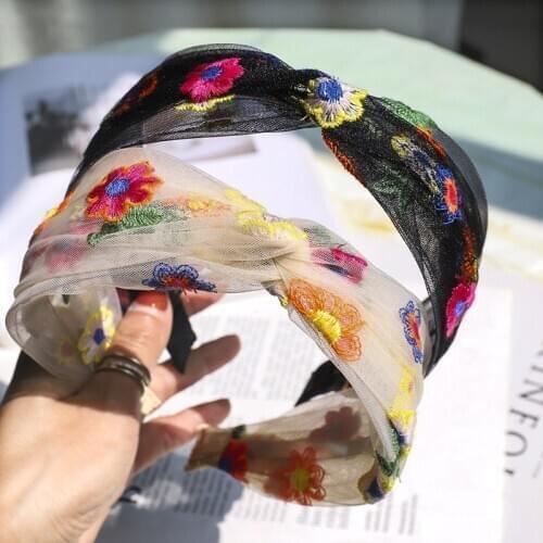 Retro Embroidery Floral Girl Hairband Bezel Lace Flower Headbands Scrunchies Hair Bands for Women Lady Hair Accessories