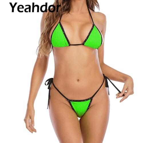 Women Sexy Glittering Bikini Lingerie Suit Underwear Halter Neck Straps Self Tie Back Bras and Briefs Set Nightwear Club Wear