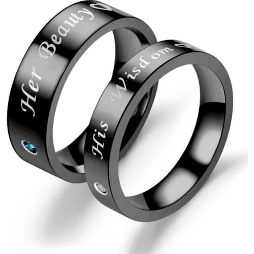4mm 6mm English Letters Lovers Ring "Her Beauty" "His Wisdom" Stainless Steel Cubic Zirconia Mens Womens Anniversary Jewelry
