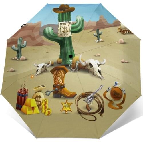 Automatic Umbrella Wild West Illustration three-fold umbrella women men rain umbrella