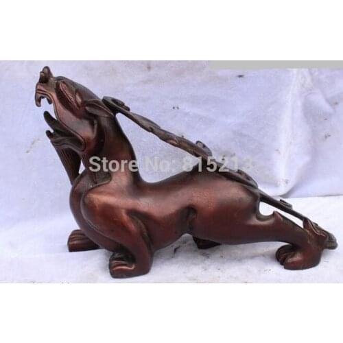 Bi001011 11"Lucky Chinese Red Bronze carved excellent Foo Dogs unicorn Statue