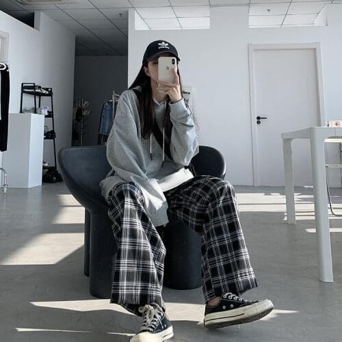 Plaid Pants Women Casual Chic Oversize 2XL Loose Wide Leg Trousers y2k Retro Teens Harajuku Hip-hop All-match Unisex Streetwear