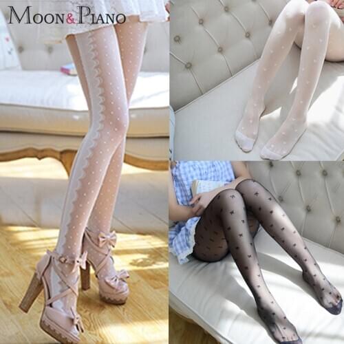 Womens Sexy Stockings Lace Bowknot Pattern Sweet Cute Lolita Thin Long Legs Over The Knee Socks Spring Girls Fashion Pantyhose