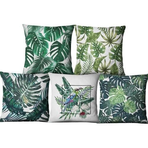 Decorative throw pillowcase cover green leafs tropical plant cotton linen cushion cover for sofa home capa de almofadas 45x45