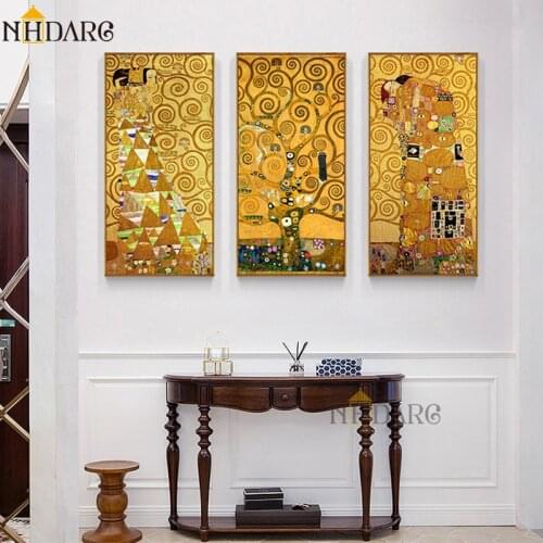 3 Panels Gustav Klimt Kiss life Tree Posters and Prints Wall Art Canvas Paintings Pictures for Living Room Hallway Home Decor