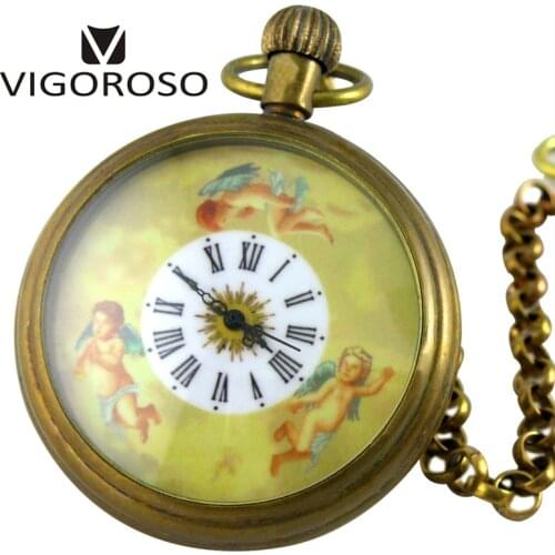Collectible Antique Old Copper Mechanical Pocket Watch FOB Chain Hand Winding Luxury Angel Analog Roman Vintage Watch VIGOROSO