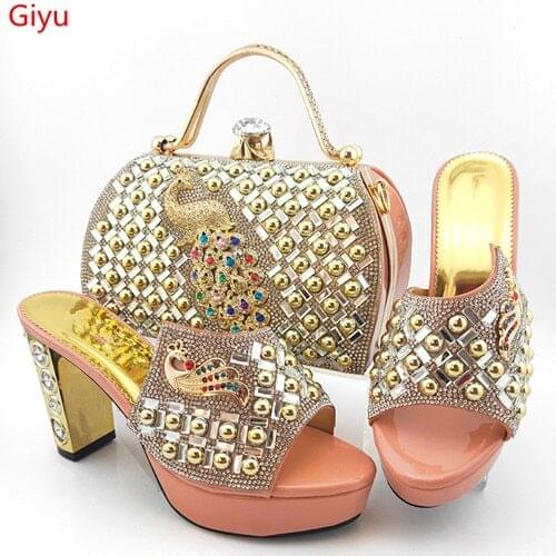 Doershow Italian matching peach shoe and bag set african wedding shoe and bag sets!!SYG1-16
