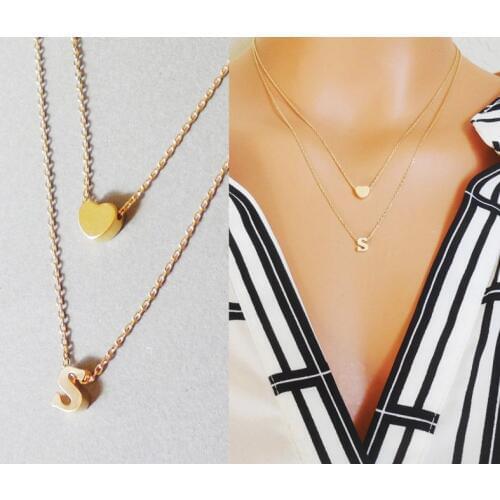 Heart and Initial TWO SEPARATE necklace set.Gold Initial Layered Bridesmaid Gift Wedding Multi Strand Necklaces