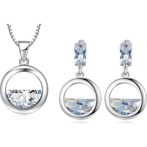 925 Sterling Silver Jewelry Sets Round Shaped Zirconia Water Drop Necklace+Earrings For Women Gift