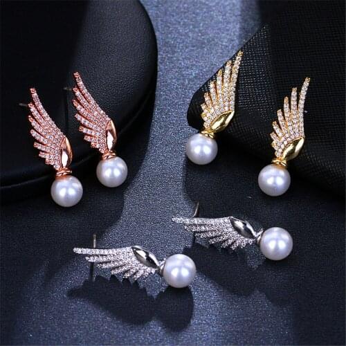 KSRA Romantic Fashion Wings Zircon Earrings For Women Personalized Bride Pearl Earrings Wedding Prom Jewelry Ladies Accessories