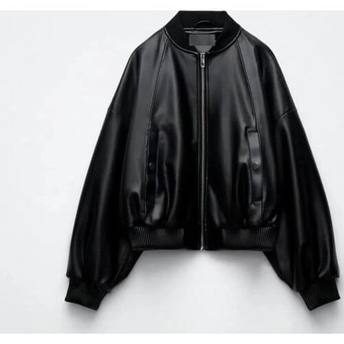 MESTTRAF Women 2021 Fashion Artificial Leather Bomber Coat Retro Long Sleeve Pocket Decoration Casual Jacket Streetwear