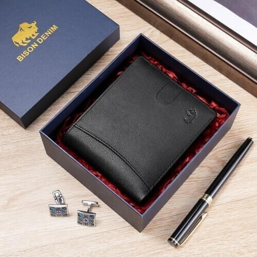 Bison Denim Black casual wallet Genuine Leather Men Wallet Fashion Cowhide Coin Pocket Card Holder Men Bifold Purse Short Wallet