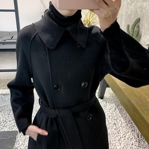 2021 Black Double-sided Cashmere Overcoat Women Hepburns Mid Style Slim Waist Small Tweed Coat