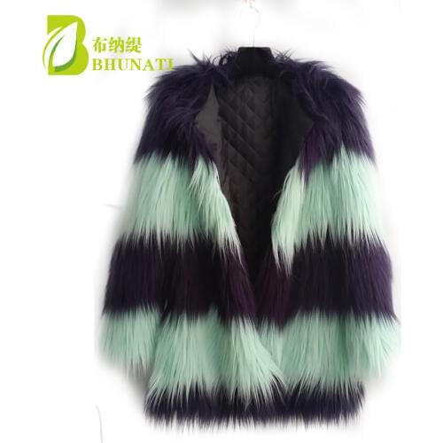BHUNATI Women Contract Color Long Faux Fur Coat Full Sleeve Artificial Fur Overcoat Casual Furry Coat For Female BNT137