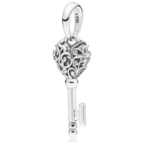 Genuine 925 Sterling Silver Bead Charm Vintage Lacework Love Heart Regal Key Pendant Fit fashion Bracelet & Necklace Jewelry