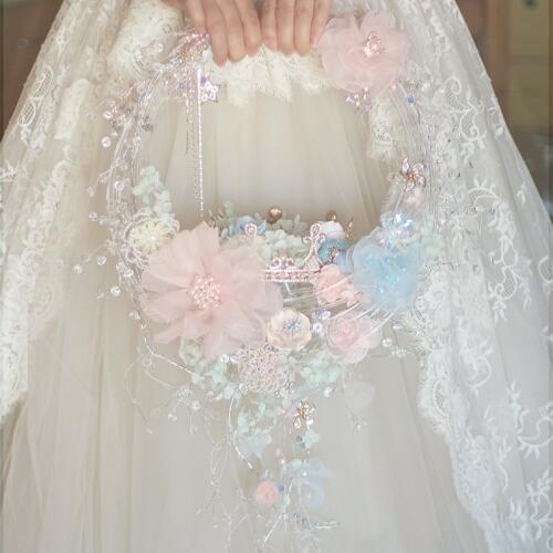 Powder blue flower Garland bouquet,crown style hand basket wedding bride holding flowers, crystal Pearl and Artificial Flower