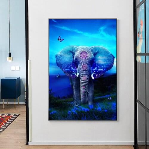 Poster Nordic Blue Flowers Animal Painting on Canvas Elephant Landscape Modern Mural Picture Living Room Home Decor Frameless