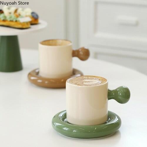 Retro Coffee Cup Small Ball Handle Mug with Saucer Ceramic Cup Dark Green Couple Water Cup Living Room Coffee Table Decoration