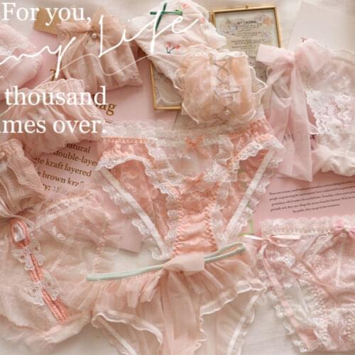 2 pieces M L Lovely Cute Lolita Kawaii Princess Cherry Ruffle women pink Panties sexy Underwear Brief lace Lingeries girl