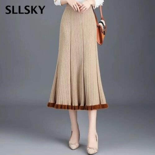 SLLSKY Mid-length Knitted Skirt Women Korean Version Of Wild Autumn Winter A-line High Waist Pleated Woolen Fish Tail Skirt