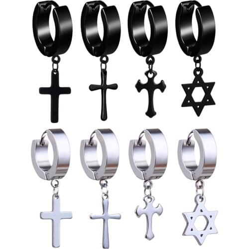 1 Piece Punk Cross Stars Pendant Round Earrings For Women Rock Men Simple Stainless Steel Stud Earrings Jewelry