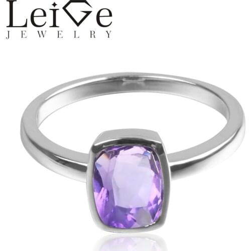 Leige Jewelry Natural Purple Color Amethyst Gem 925 Sterling Silver February Birthstone Cushion Cut Engagement Solitaire Rings