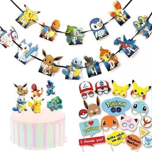1 set Cartoons Pikachu Pokemon theme Party supplies Birthday party Banners Cake flag Photo props Childrens party supplies set