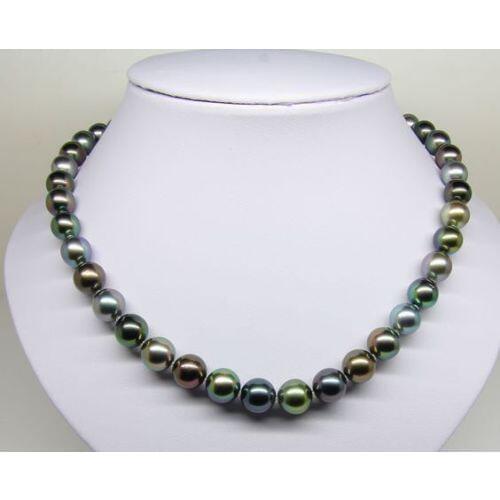 11-12MM Tahitian genuine black peacock green multicolor round pearl necklace earring gift