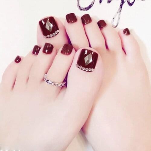 24pcs Rhinestones Inlaid Toenail Patch Red Wine Glue Type Removable Short Paragraph Manicure False Toenail Patch DL