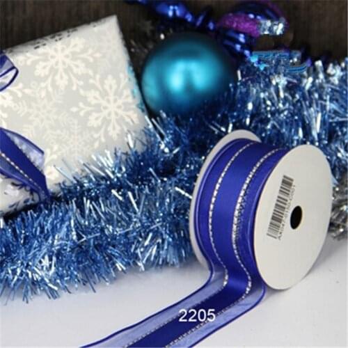 Free Shipping 25yards roll gift box wrapping wired edge golden lines purple organza edge satin ribbon