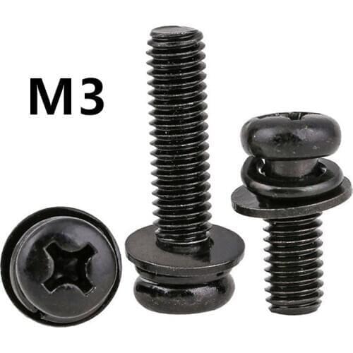 500PCS M3 GB9074.4 Black 304 Stainless steel phillips pan head three combination screw sems screws with washer tamper-resistant