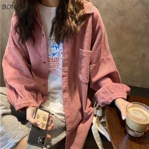 Blouses Women Pockets Solid Autumn Corduroy Long Sleeve All-match Popular 4 Cololrs Daily Outwear Harajuku Retro Pink Baggy New