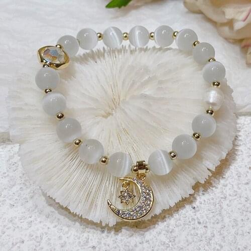 Cat/Fox/Moon/Mermaid Tail Lucky White Cats Eye Stones Beaded Bracelets for Women Girls Fashion Jewelry Christmas Gifts YBR603