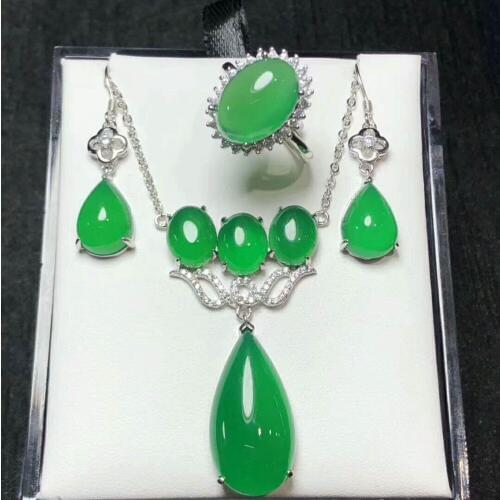 C38#925 silver inlaid natural chalcedony set, the jade face is clean and translucent