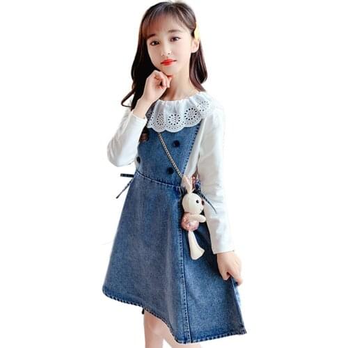 Kids Clothes Lace Blouse + Denim Jumpsuit Clothes For Girls Spring Autumn Girls Clothes Casual Style Childrens Costume 6 8 10 1