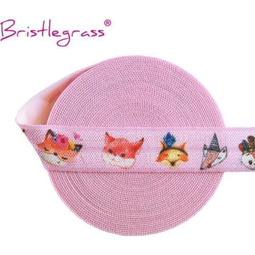 BRISTLEGRASS Wholesale 50 Yard 5/8" 15mm Pink Cartoon Fox Print FOE Fold Over Elastics Spandex Satin Bands Hair Tie Dress Sewing