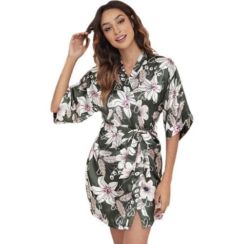 Summer Women Dressing Gown Robe Print Loose Half Sleeve Kimono Bathrobe Rayon Sleepshirt Skirt Sexy V-Neck Nightgown Home Wear